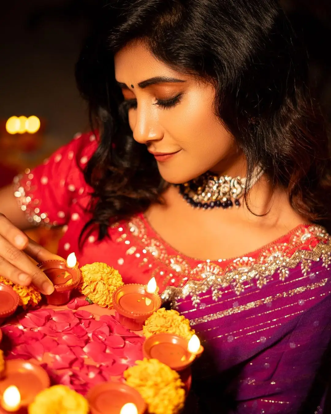 Vasanthi Krishnan Wearing Traditional Violet Saree Blouse